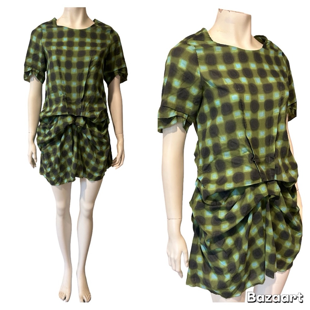 Marni Windowpane Printed Cotton Ruched Mini Dress SIZE:US 4 / 36 IT